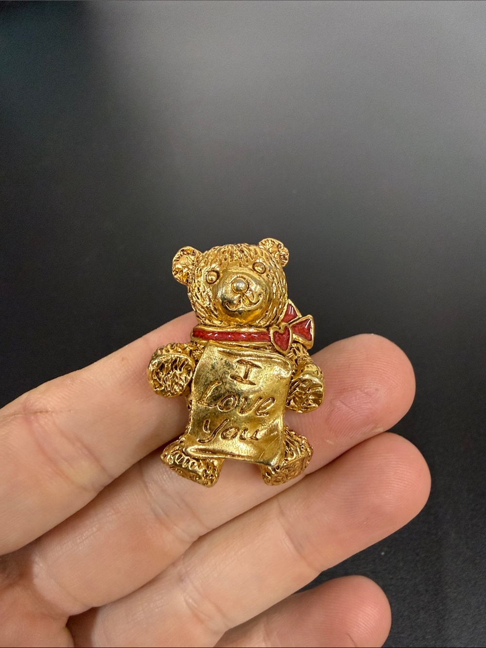 Gold-Tone Teddy Bear 'I Love You' Pin with Red Bow - Women's Jewelry
